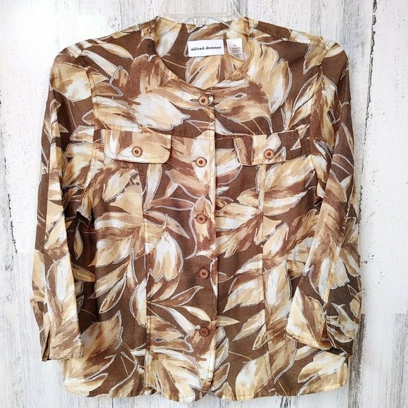 Alfred Dunner Tops - Alfred Dunner Women's 14 Button Up Shirt Brown Floral Palm 3/4 Sleeves